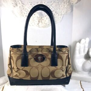 Vintage Coach Tan and Brown CC Logo Canvas & Brown Leather Rectangular Tote Bag